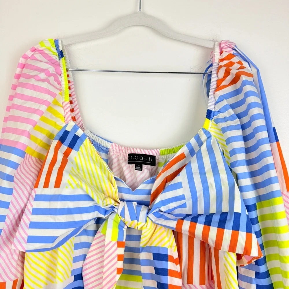 Eloquii Bold Striped Patchwork Bow Spring Maximalist Dress